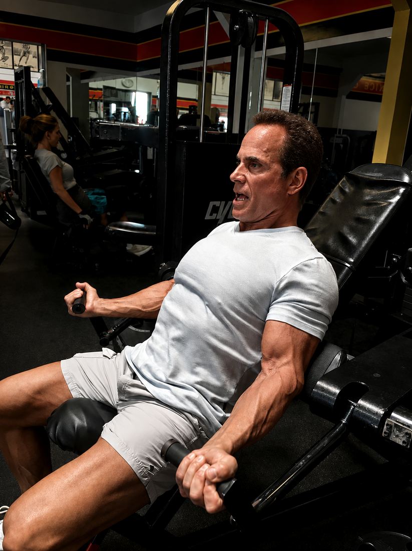 Mike Torchia mid-set on a press machine at Gold's Gym