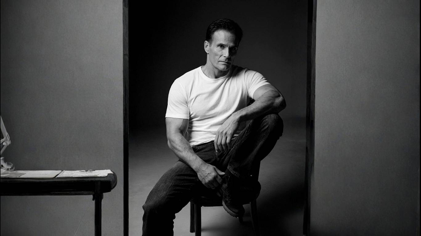 Mike Torchia seated on a stool in a studio, white tee, black and white