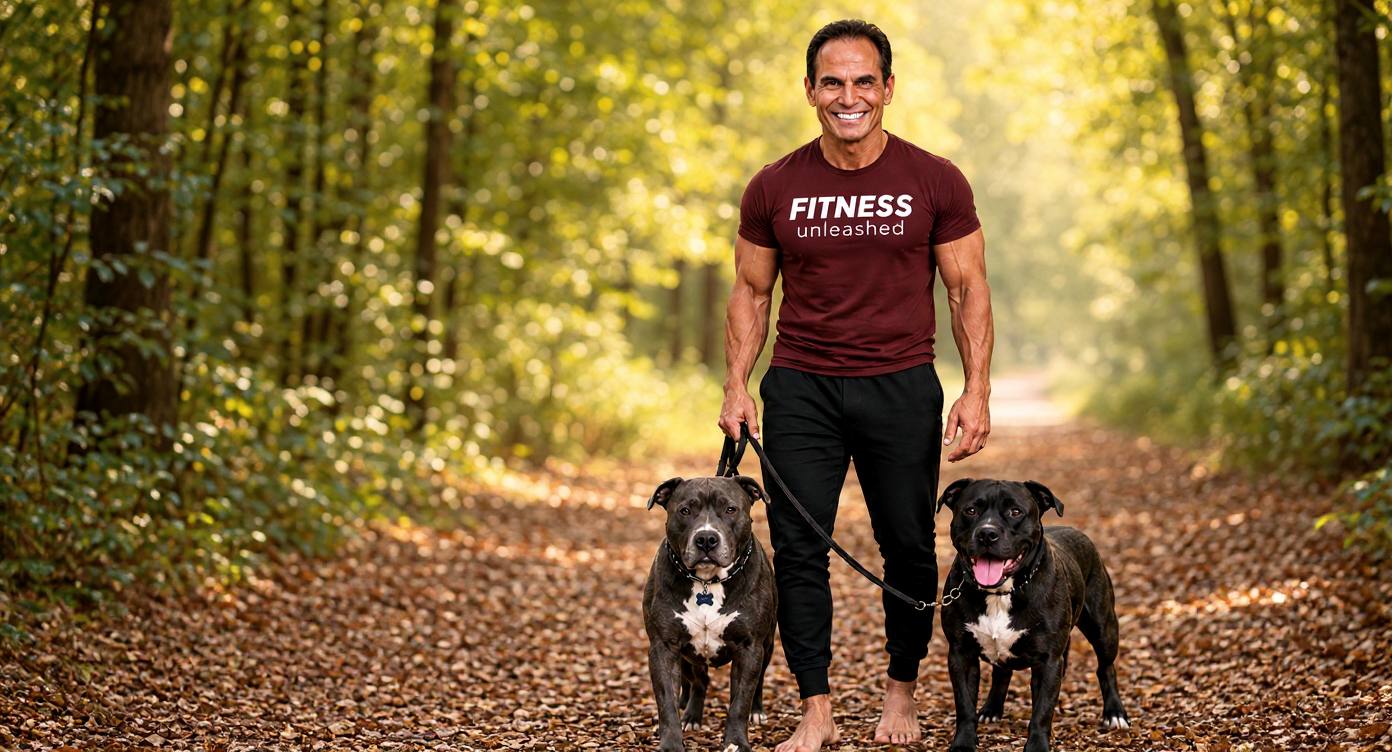 Mike Torchia walking two pit bulls on a leaf-covered forest path, AI illustration