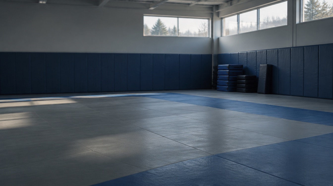 An empty defensive tactics training room at first light: mats on the floor, padded walls, and training pads stacked in the corner