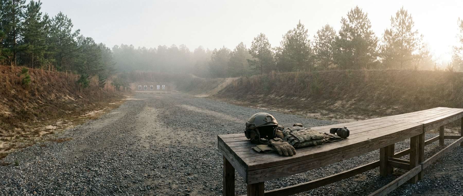 An empty outdoor range at first light, gear laid out on a bench