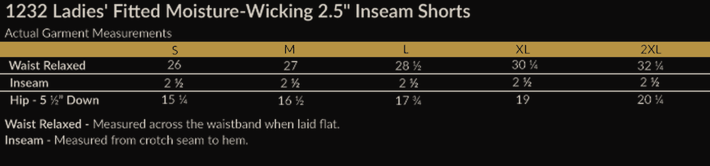 Size chart for Operation Fitness Ladies Fitted Short Moisture-Wicking Shorts