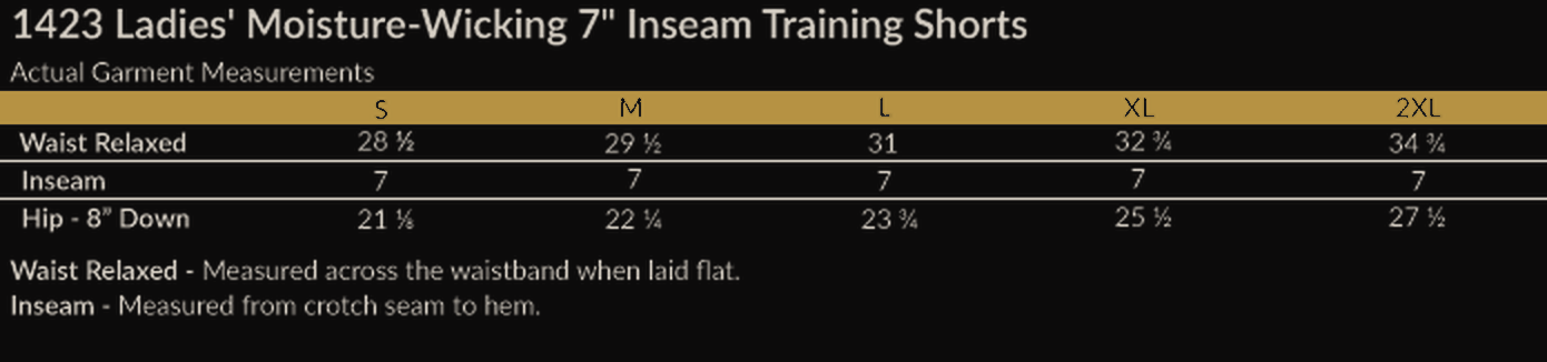 Size chart for Superhuman Institute Ladies Moisture-Wicking 7 inch Training Shorts