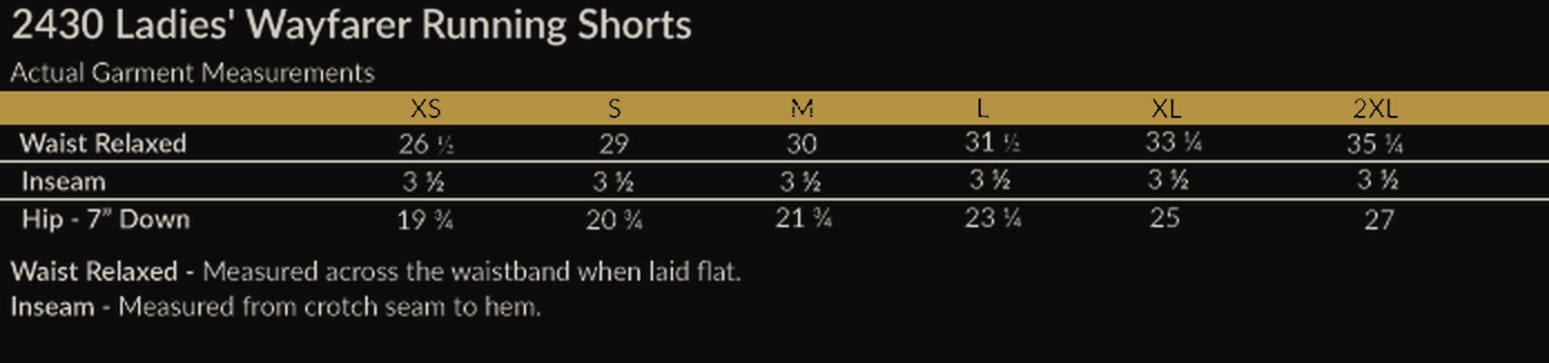 Size chart for Mini Flowy Ladies Running Shorts