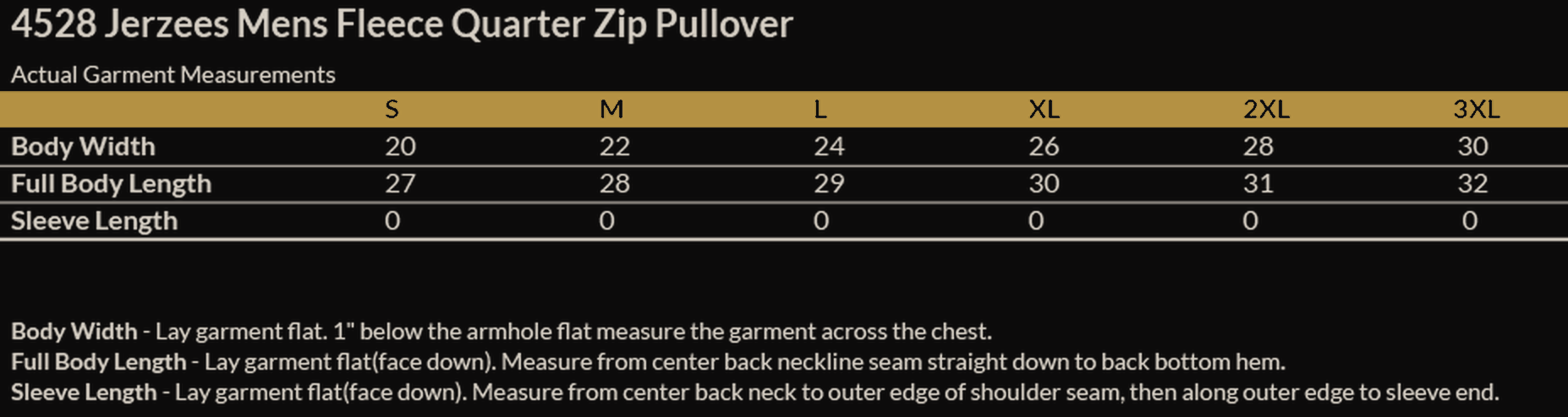 Size chart for Operation Fitness Mens Fleece Quarter Zip Pullover
