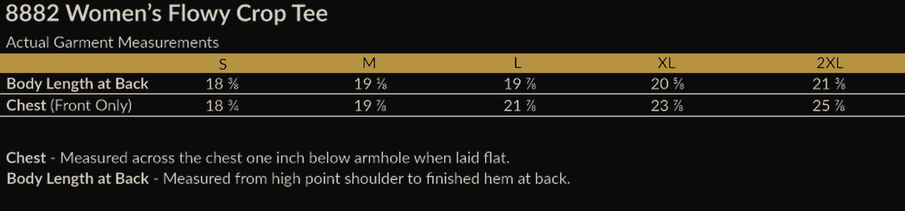Size chart for LWAT Podcast  Ladies Cropped Tee