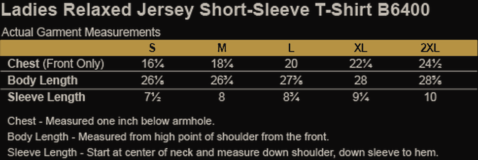 Size chart for Superhuman Institute Ladies Relaxed Jersey Short-Sleeve T-Shirt