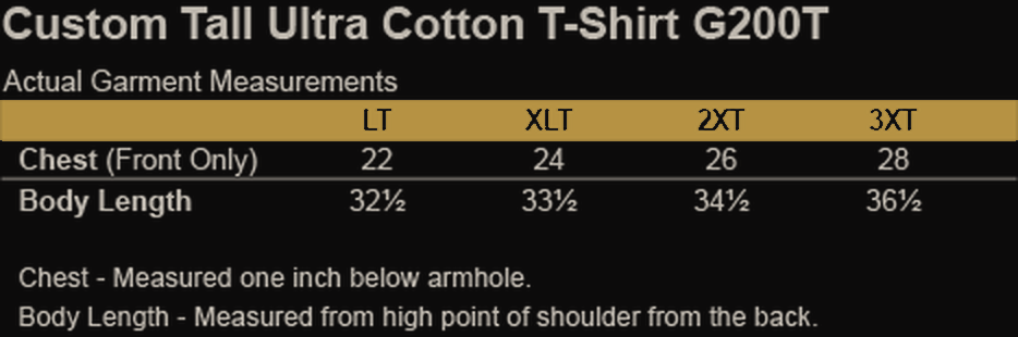 Size chart for Mike Torchia LWAT  - Ultra Cotton Men’s Tee