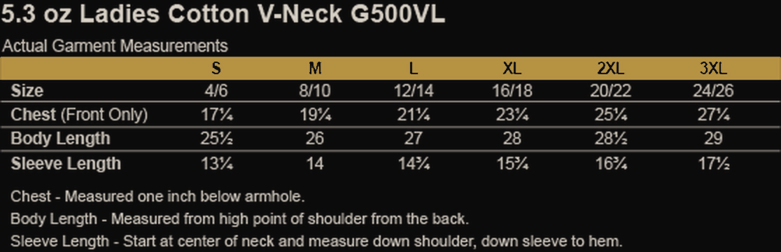 Size chart for LWAT Ladies V-Neck T-Shirt