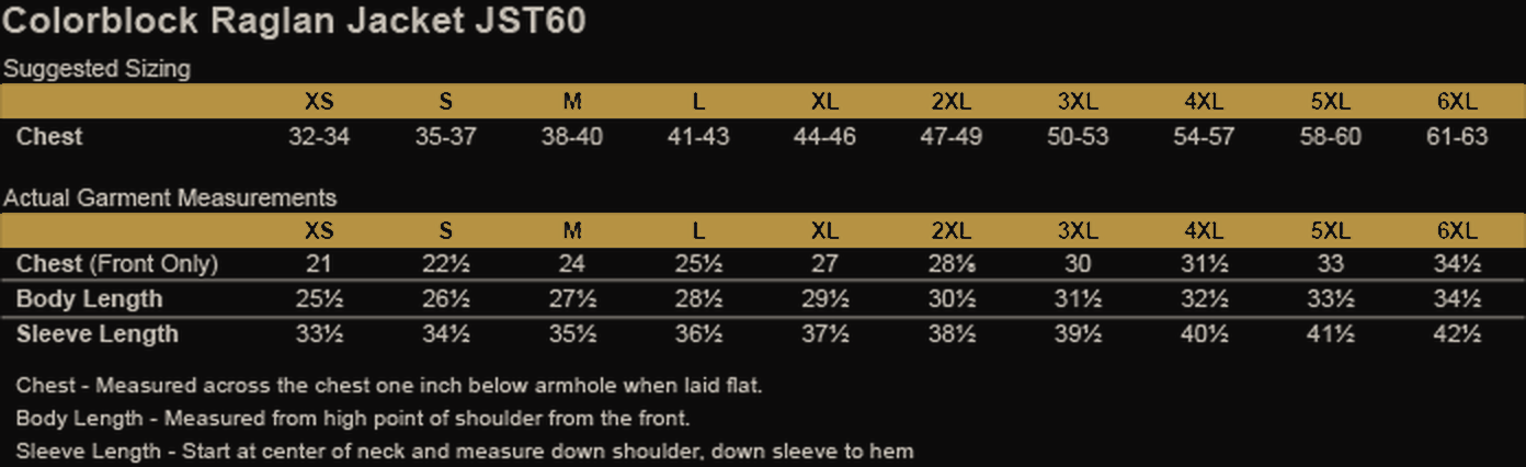 Size chart for LW&T Sport-Tek Mens Raglan Jacket