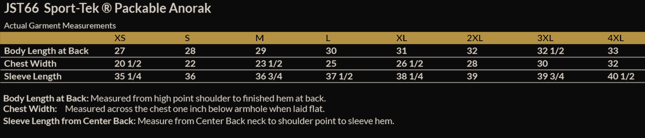 Size chart for Superhuman Institute Sport-Tek Packable Anorak