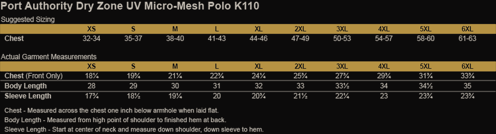Size chart for LWAT Podcast Mens Lightweight UV Polo