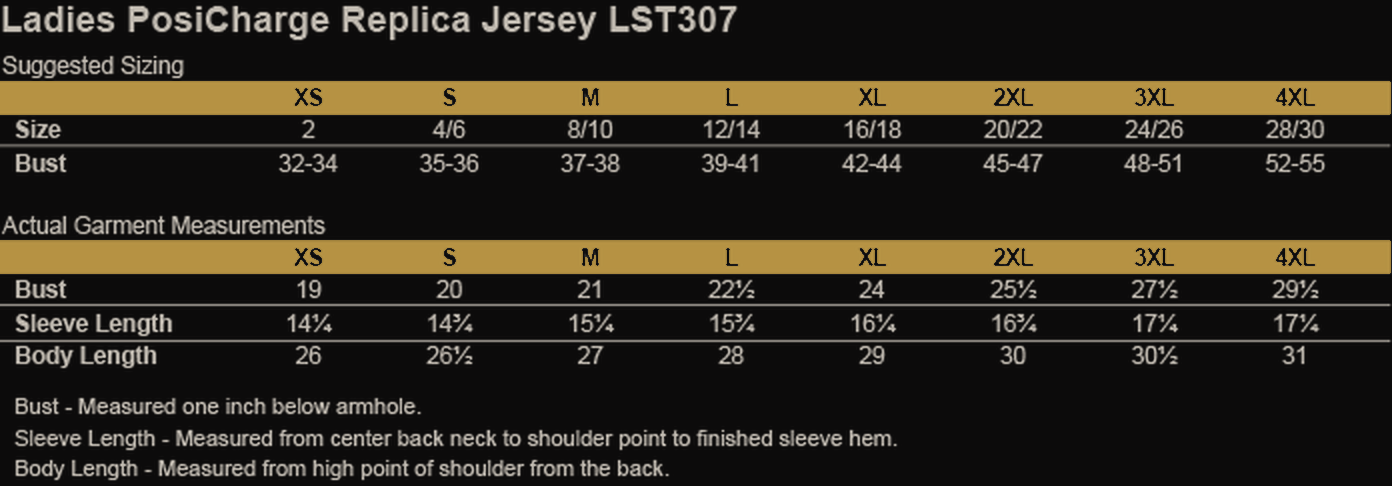 Size chart for Operation Fitness Sport-Tek Ladies' Replica Jersey