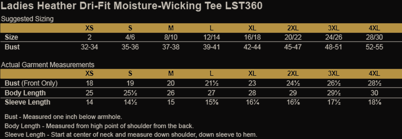 Size chart for Superhuman Institute Ladies Heather Scoop Neck Performance Tee