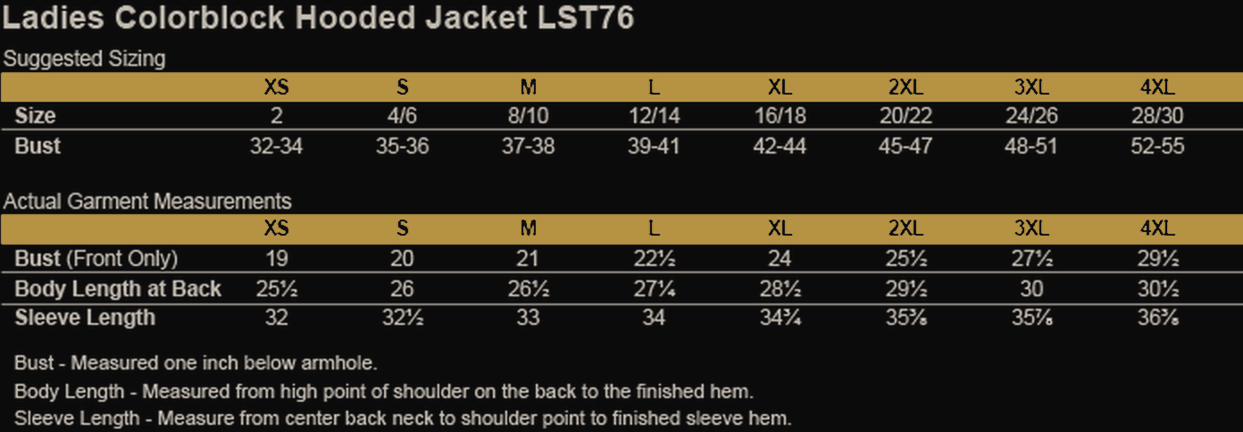 Size chart for Superhuman Institute Womens Fleece Lined Jacket