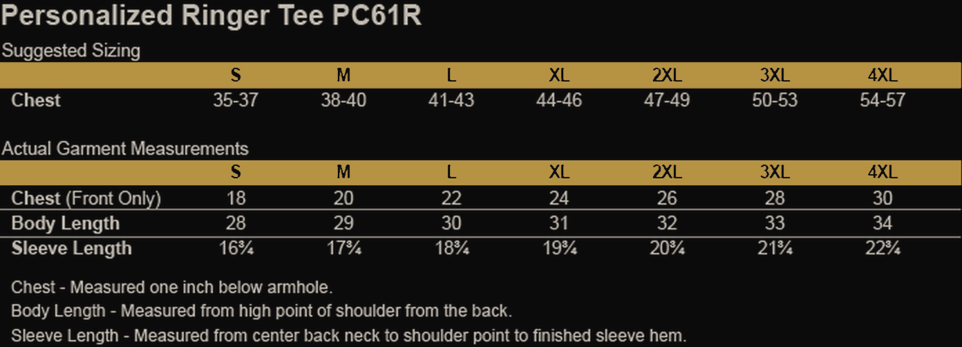 Size chart for Live Well & Thrive Men's Ringer Tee