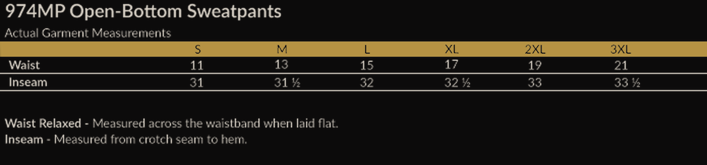 Size chart for Superhuman Institute Open Bottom Sweatpants with Pockets