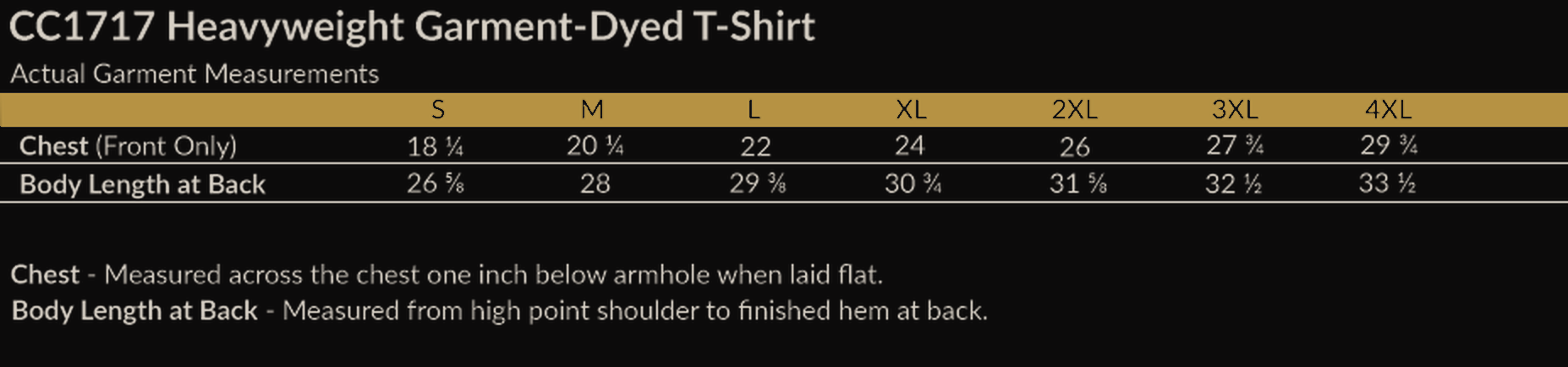 Size chart for Operation Fitness Heavyweight Garment-Dyed T-Shirt
