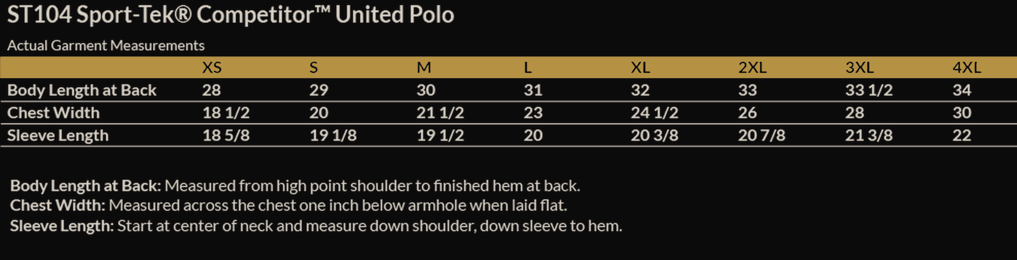 Size chart for Operation Fitness Mens Competitor United Polo