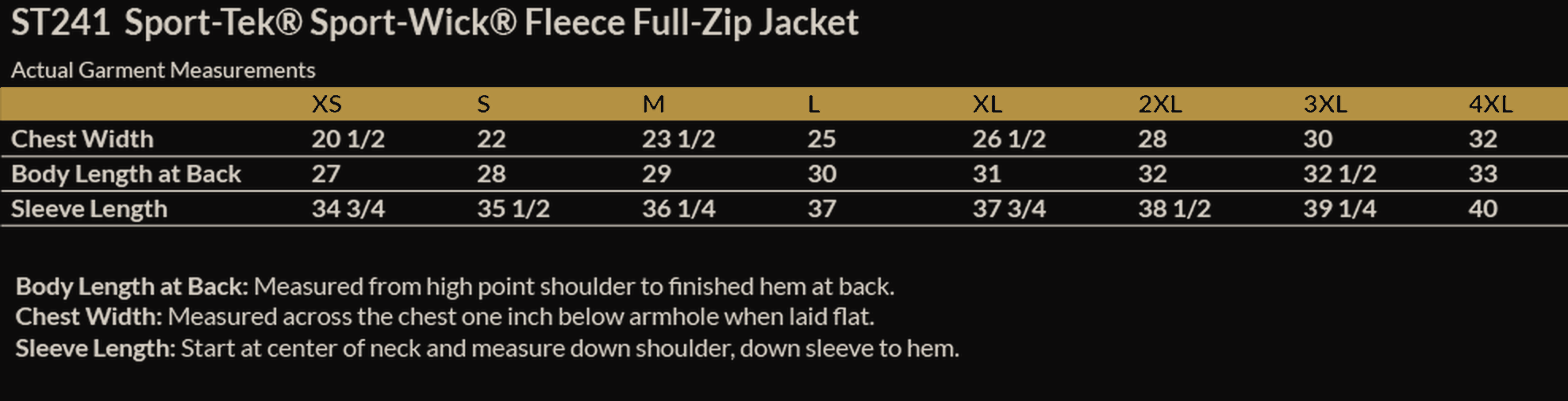 Size chart for Operation Fitness Mens Fleece Full-Zip Jacket