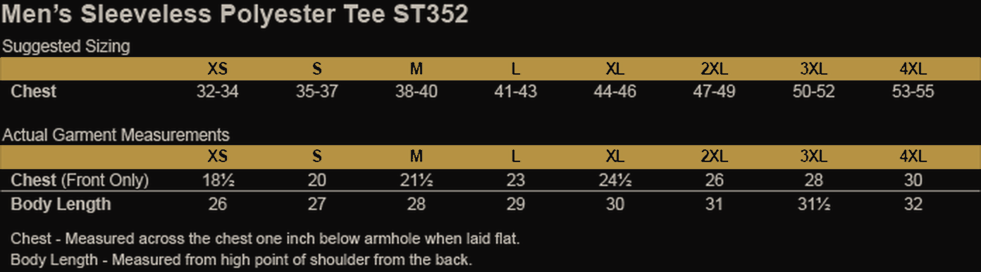 Size chart for Live Well & Thrive Crest -  Men's Sleeveless Performance Tee