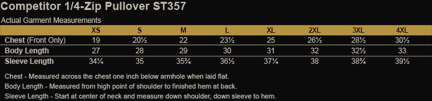 Size chart for LW&T Sport-Tek Mens Quarter Zip Pullover