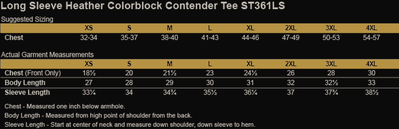 Size chart for Superhuman Institute Long Sleeve Heather Colorblock Performance Tee