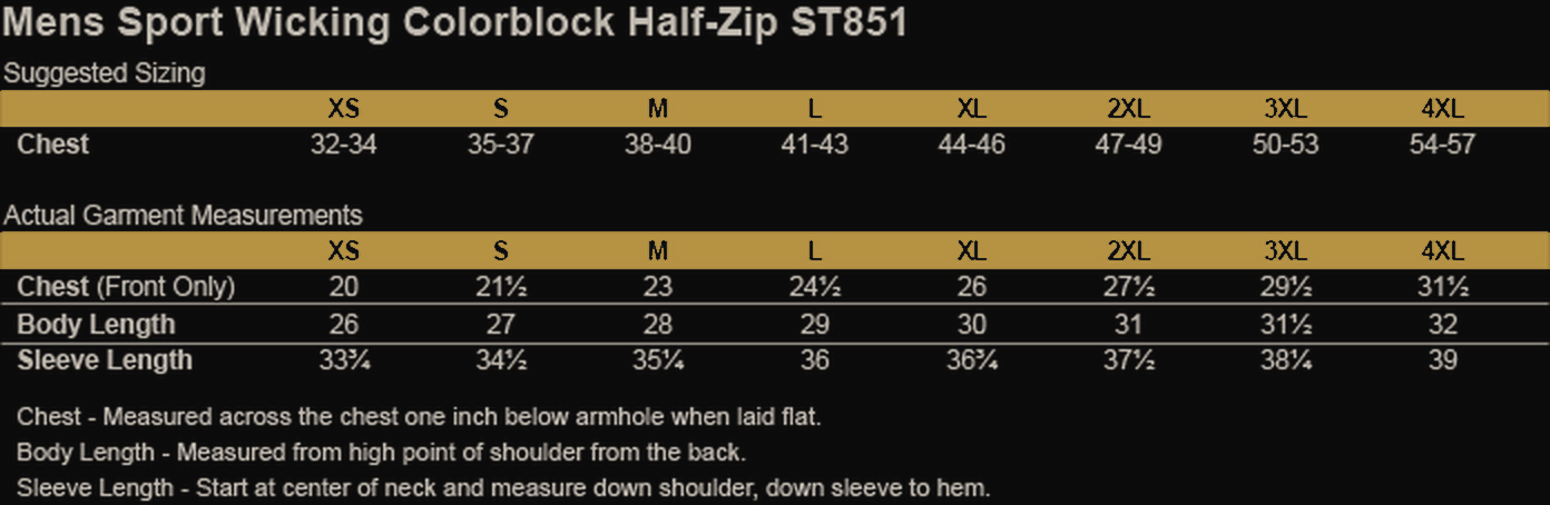 Size chart for Live Well and Thrive Men's Sport Wicking Colorblock 1/2 Zip