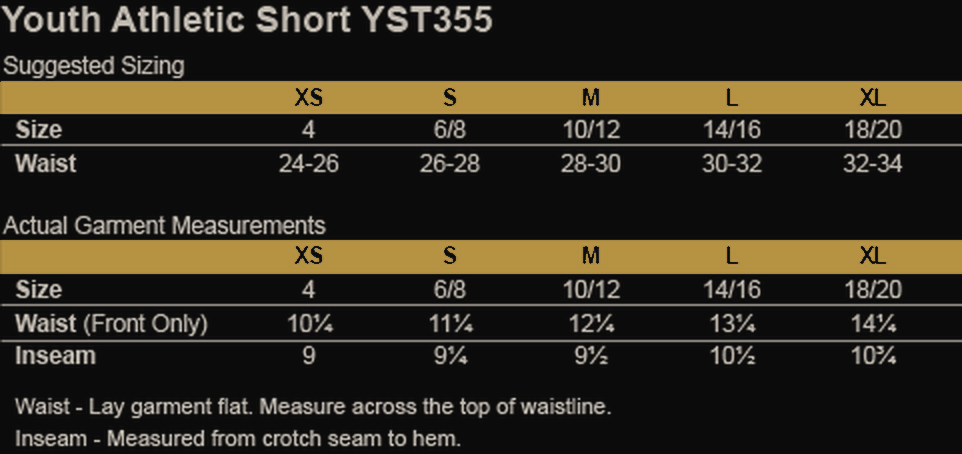 Size chart for Operation Fitness Men's Youth Competitor Short