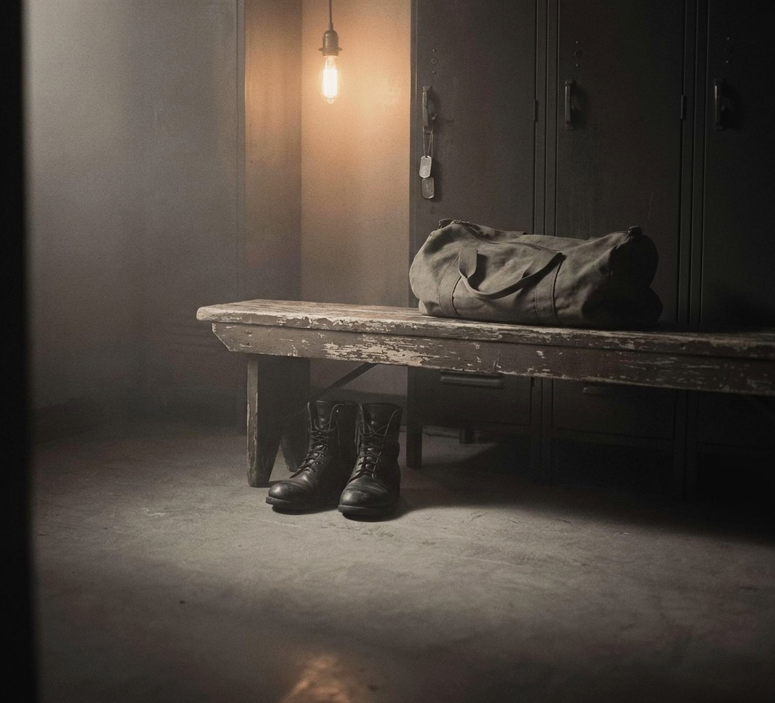 Locker room bench with boots and a duffel in low light