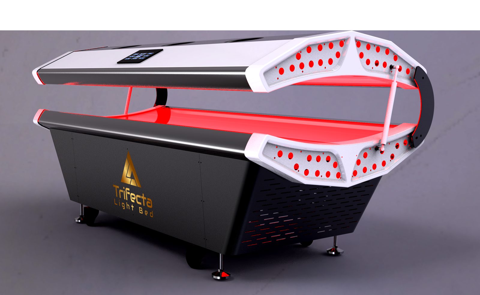 Trifecta Light Bed Pro 450, open, with red light panels lit
